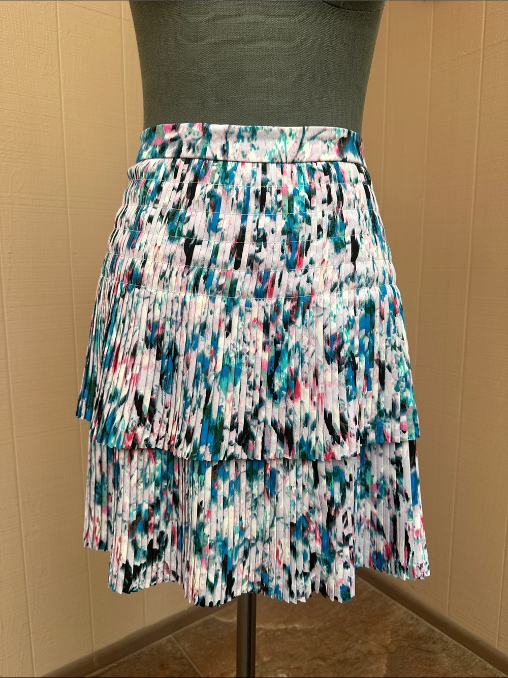J. Crew White Pleated Tiered Mini Skirt with Teal, Pink & Black Print